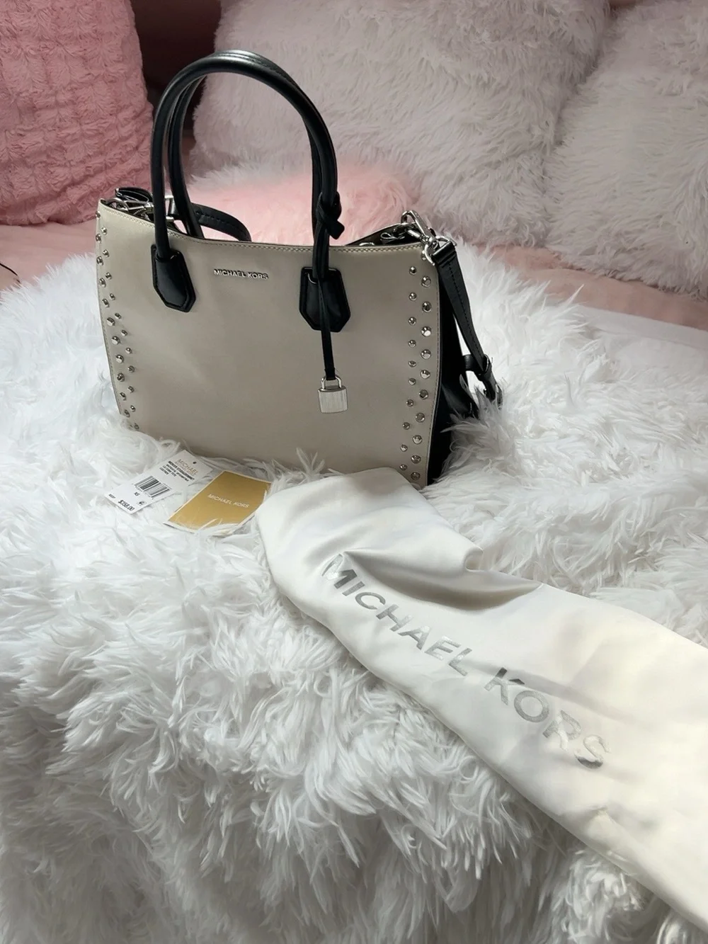 Discontinued Michael Kors Mercer Stud & Grommet Large Leather Tote Optic White/B